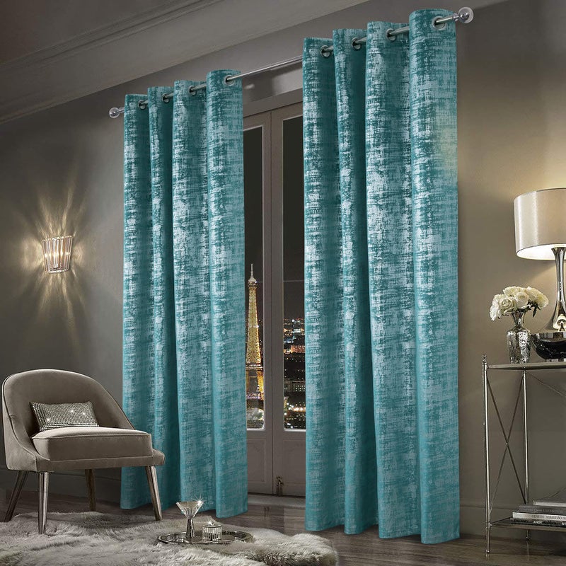 always4u 100% Blackout Soft Velvet Curtains for Bedroom Living Room Thermal Energy Saving 108 Inches Long Luxury Silver Foil Print Drapes 2 Panels Teal - Image 1